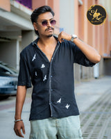 ByHandCo Handcrafted Black Embroidered Butterfly Shirt for Men
