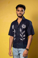 Midnight Bloom Hand-Embroidered Shirt for Men