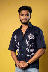 Midnight Bloom Hand-Embroidered Shirt for Men