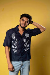 Midnight Bloom Hand-Embroidered Shirt for Men
