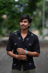 Black Floral Embroidered Half-Sleeve Shirt – Premium Men’s Casual Wear