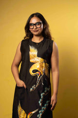 Black Crane Embroidered Sleeveless Dress – Premium Women’s Wear