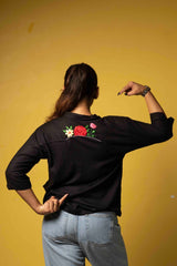 Black Floral Embroidered Butterfly Shirt for Women