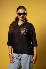 Black Floral Embroidered Butterfly Shirt for Women