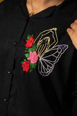 Black Floral Embroidered Butterfly Shirt for Women