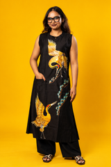 Black Crane Embroidered Sleeveless Dress – Premium Women’s Wear