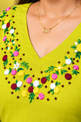 Handcrafted Floral Embroidered Lime Green Kurta
