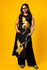 Black Crane Embroidered Sleeveless Dress – Premium Women’s Wear