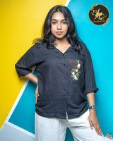 Women's Black Floral Embroidered Button-Down Shirt 🖤✨