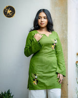 Women's Olive Green Floral Embroidered Long Kurti 🌿✨